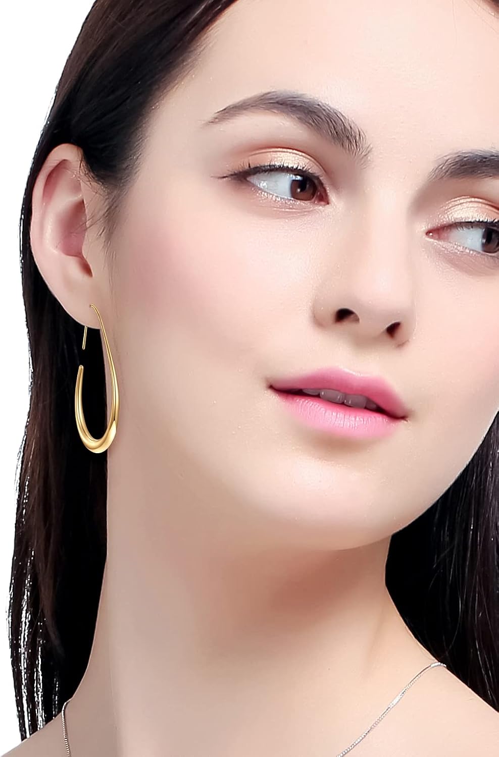 Lightweight Teardrop Hoop Earrings for Women - 14k Gold/White Gold Plated Large Oval Pull Through Hoop Earrings High