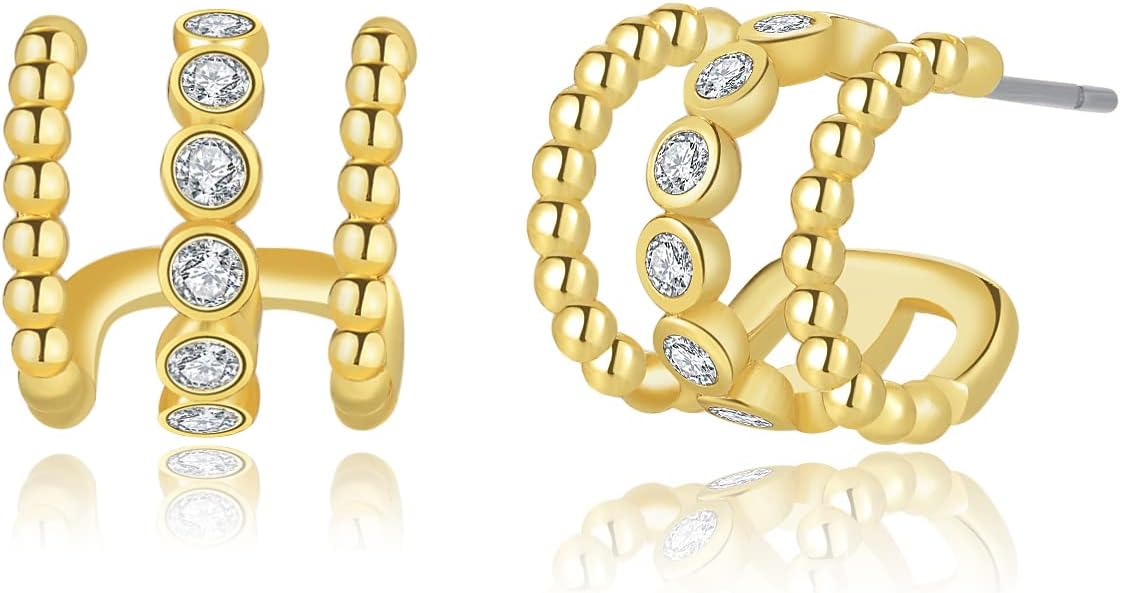 14K Gold Plated Triple Huggie Illusion Stud Earrings | Double Huggie Hoop Earrings for One Hole | Gold Hoop Earrings for Women
