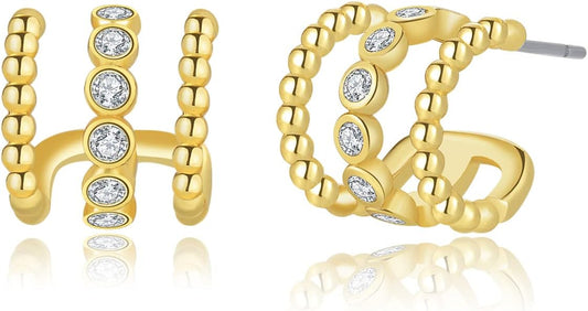 14K Gold Plated Triple Huggie Illusion Stud Earrings | Double Huggie Hoop Earrings for One Hole | Gold Hoop Earrings for Women