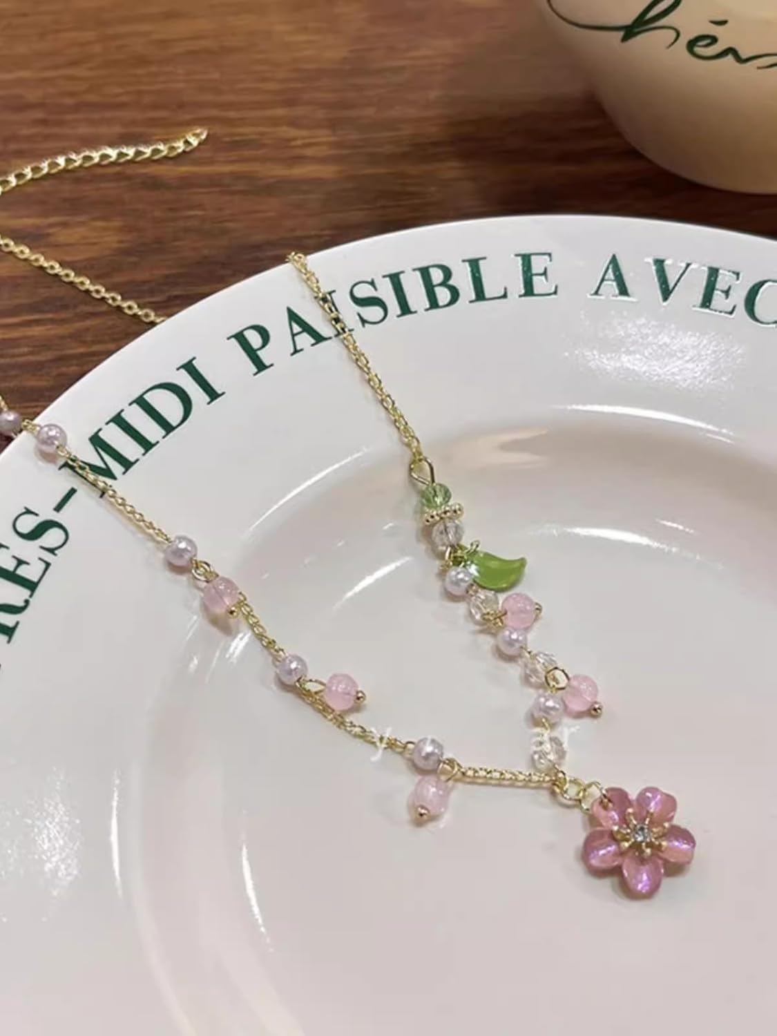 Lily of The Valley Pearl Necklace Cheery Blossm Daisy Green Paint and Lily Flower Pearl Pendant Floral Charm Pink Flower Wedding Jewelry for Women