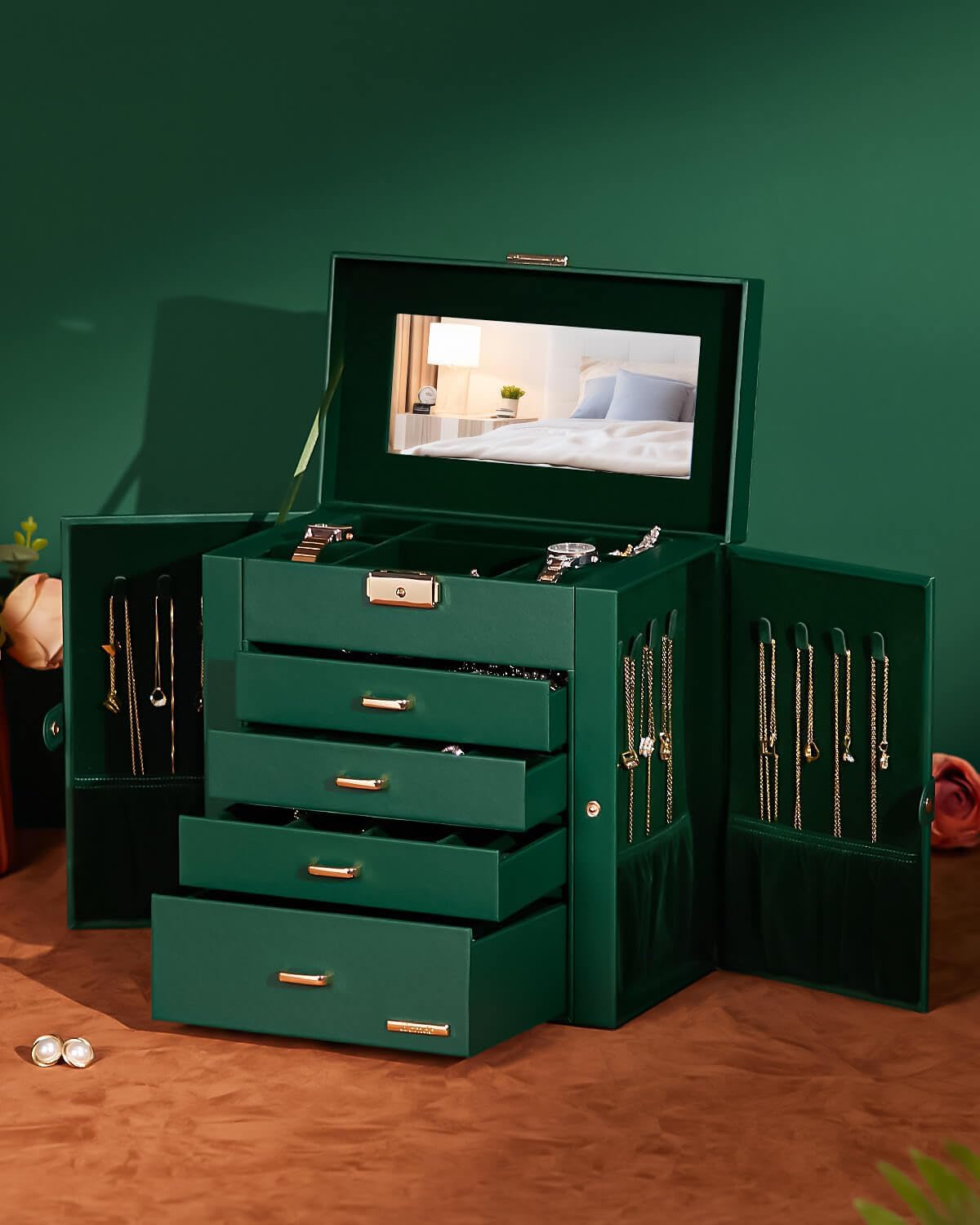 Synthetic Leather Huge Jewelry Box Mirrored Watch Organizer Necklace Ring Earring Storage Lockable