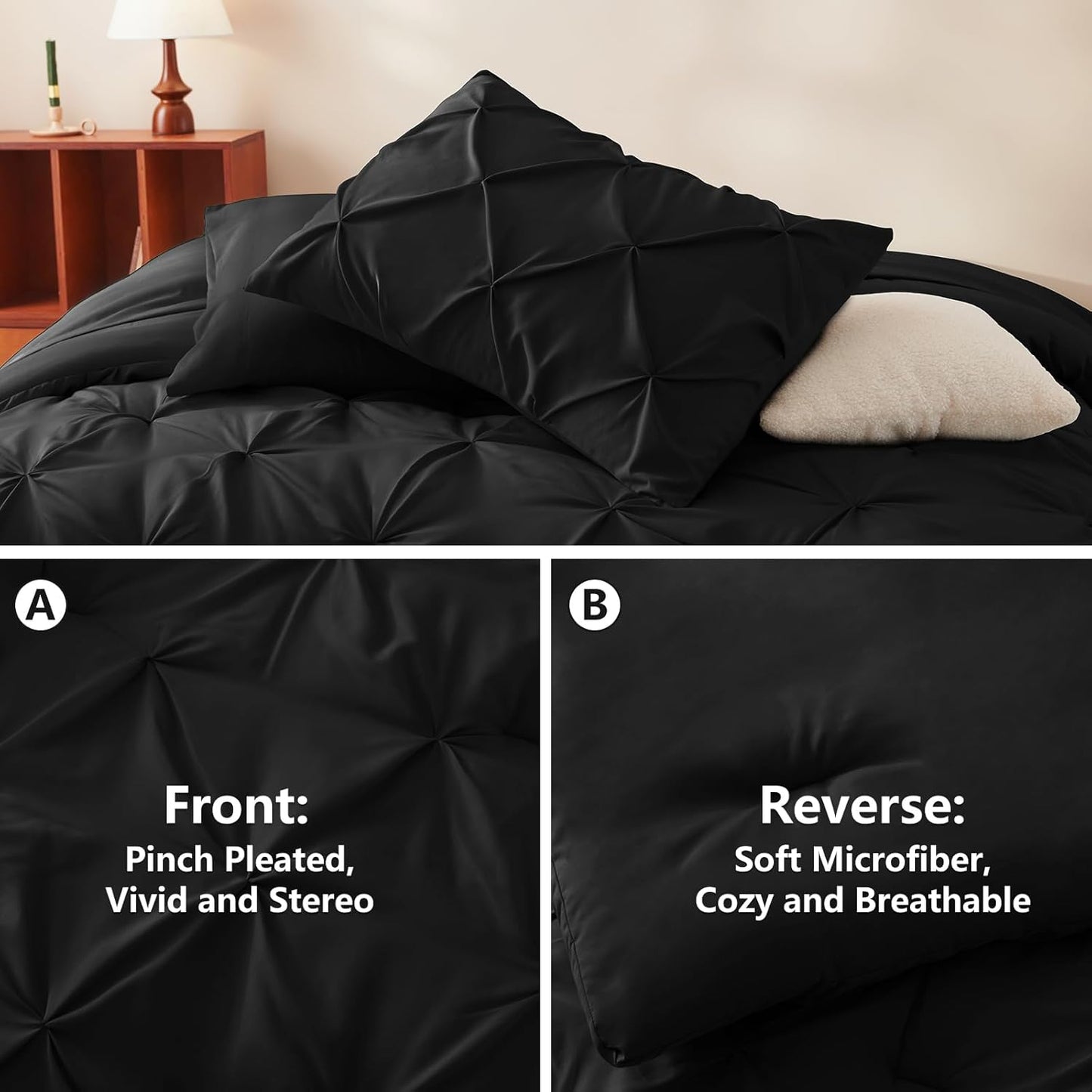 Queen Comforter Set Black, 7 count Pintuck Bed in A Bag, Premium Black Comforter Queen Size