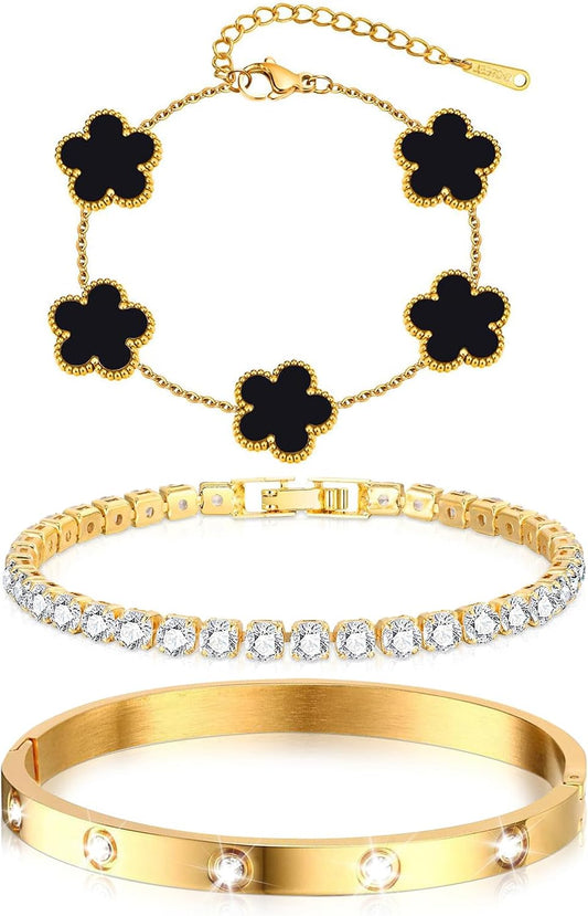 Gold Bracelets for Women,14K Gold Plated Love Bangle Bracelet Set,Crystal Stackable Bangles with Friendship