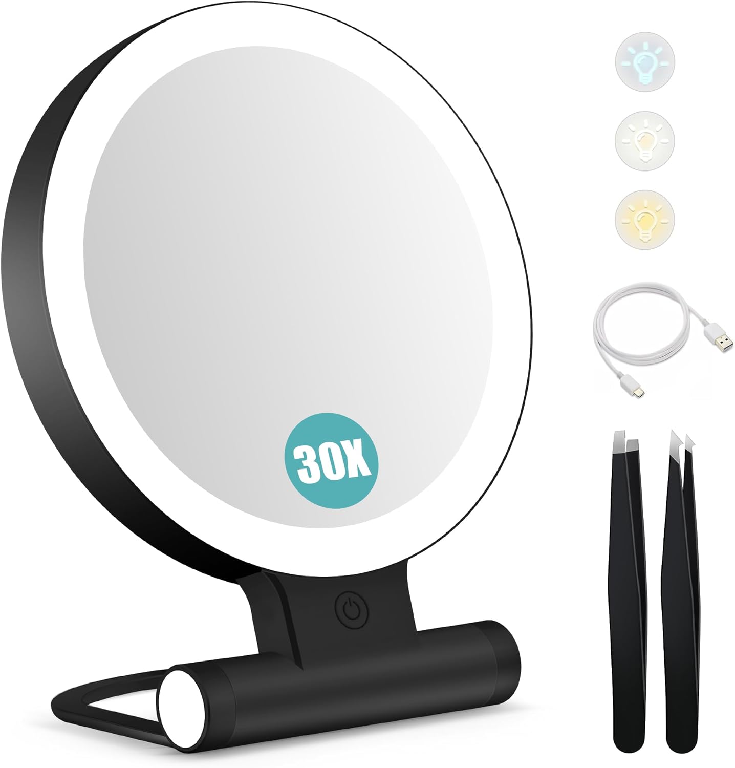 with Light, Double-Sided 1X/ 30X Magnifying Makeup Mirror with Tweezer，Foldable Travel Mirror