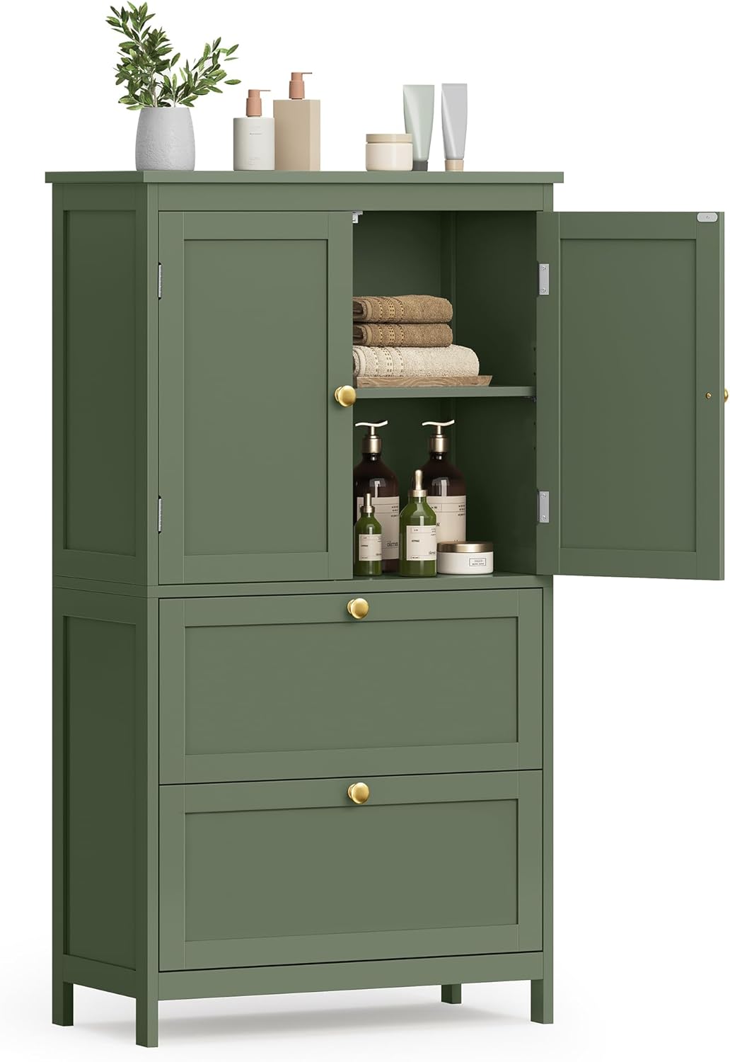 Floor Storage Cabinet, Freestanding Storage Unit with 2 Drawers and 2 Doors, Adjustable Shelf