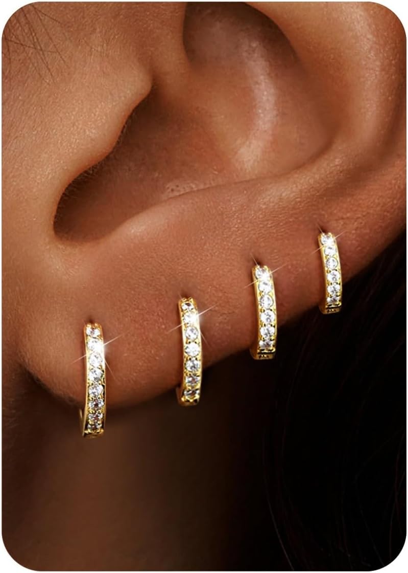 Small Gold Silver Hoop Earrings Set for Women -14K Gold Plated Earring Stack Cartilage Multiple Piercing Lightweight 4Pairs