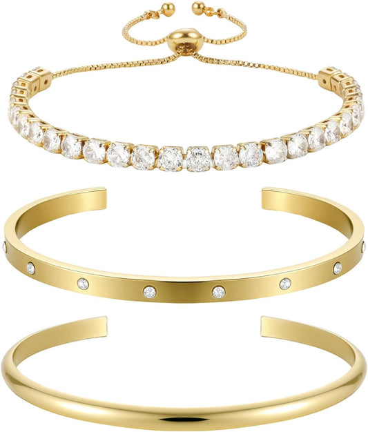 Yowivon Dainty 14K Gold Plated Bracelets for Women, Adjustable Slider Cuff Bangle Bracelets, Gold Curved Bar Hammered Bangle