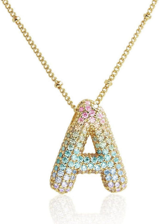 Gradient Balloon Initial Necklace - 14K Gold Plated CZ Letter Pendant Dainty Gift for Her