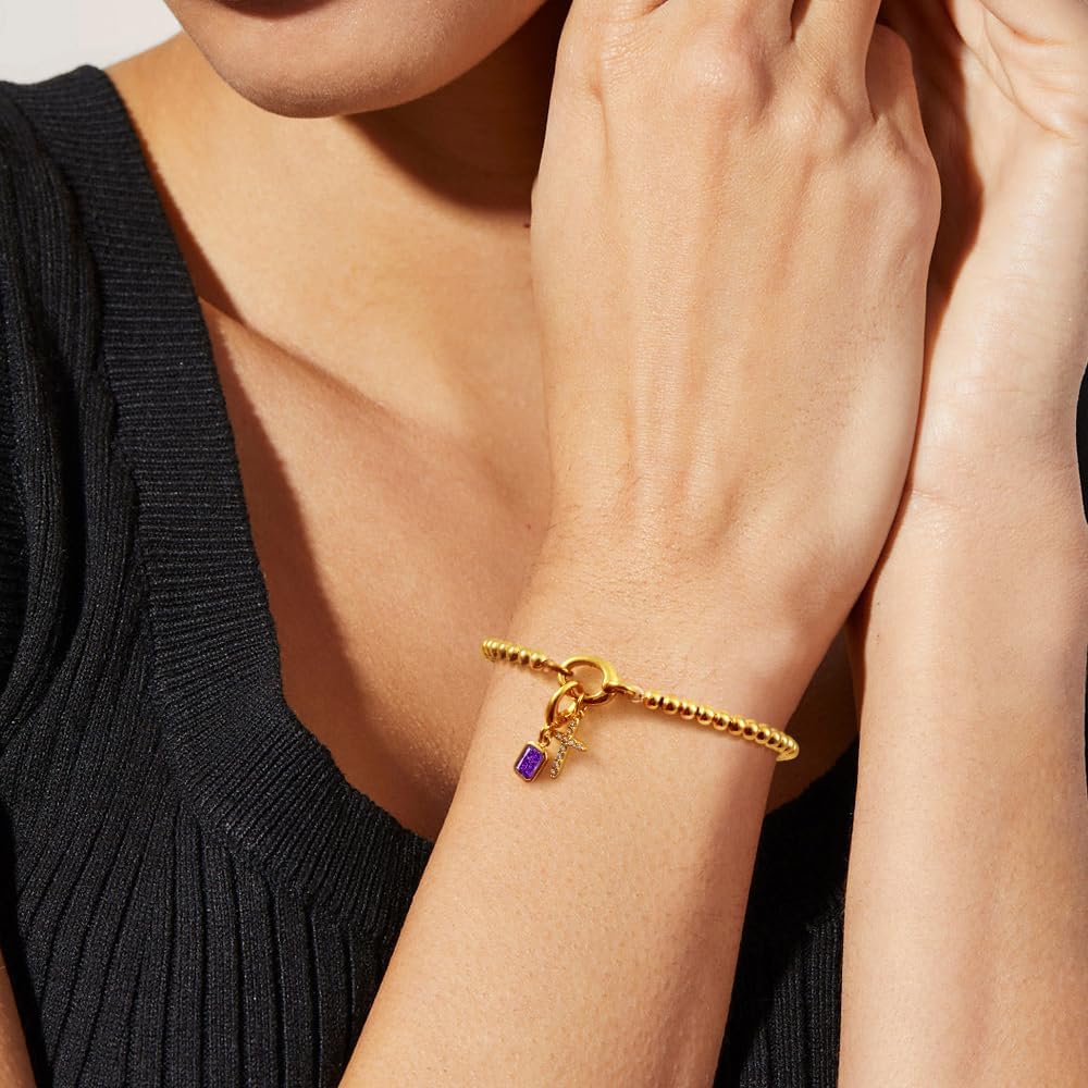 Free bird Cross Birthstone Bracelet | Dainty 14K Gold Plated Cross Charm Bracelet | Stretchable Elastic Gold Beaded Bracelet