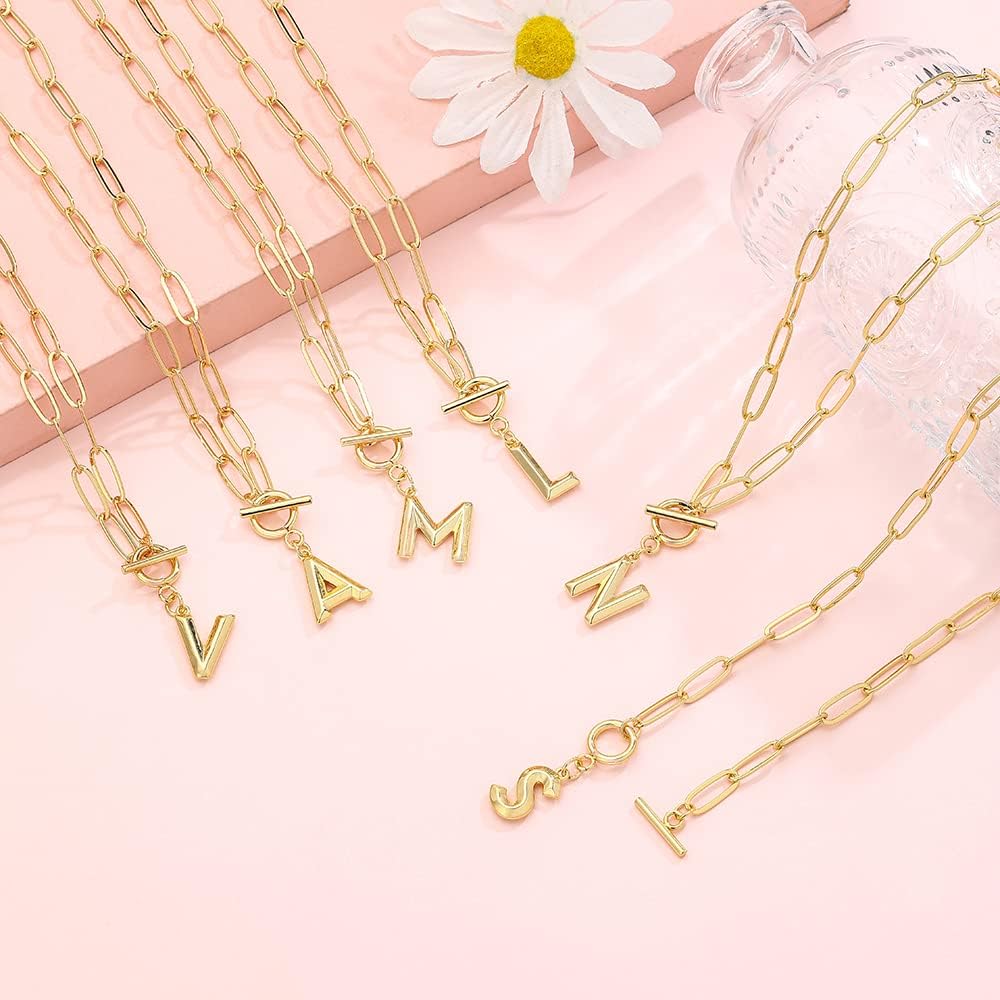 Women's Hip Hop Style A-Z Initial Necklace - OT Buckle Adjustable Thick Brass Chain, Personalized Alphabet Pendant