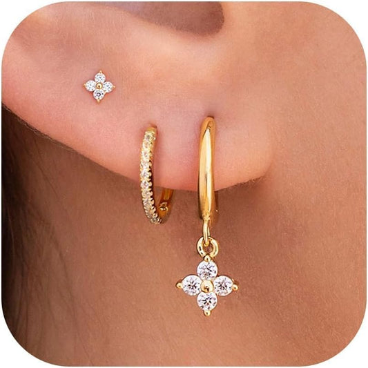 3 Pairs Small Gold Hoop Earring, 14K Gold Plated Earring Stacks Butterfly Heart Star Moon Bow Four Leaf Rhombus Round CZ Pearl