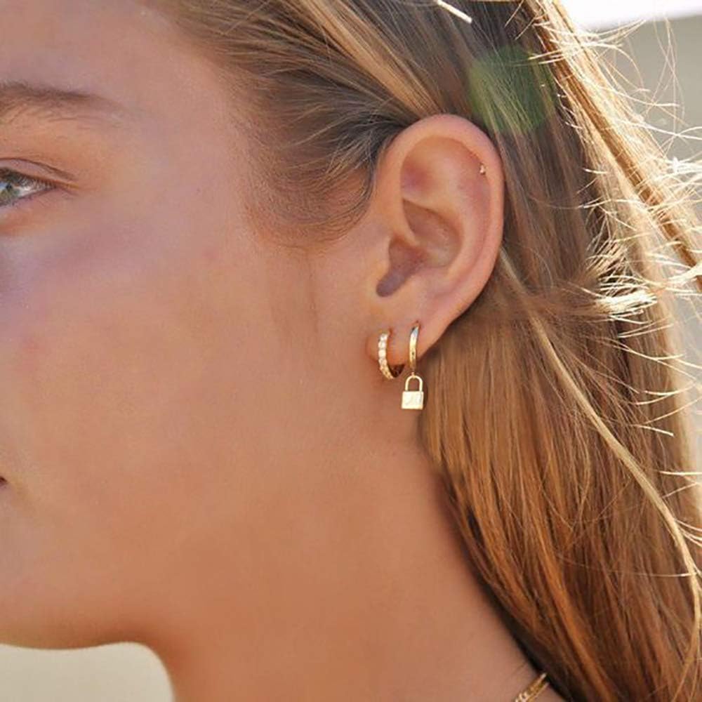Gold Huggie Small Hoop Earrings with Charm Personalized /Star/Cross/Lock/Key 18k Gold Plated Crystal Drop Dangle Earrings for Women