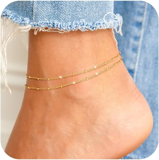 Ankle Bracelets for Women, Glitter Waterproof Adjustable Anklet for Women, 14K Gold Plated/Sterling Silver Layered Anklets, Summer Beach Anklet Jewelry for Women Gift