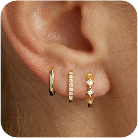 Freekiss 3 Pairs Gold Hoop Earrings Set: Dainty Stud Earrings Trendy Small 14K Gold Plated Hypoallergenic Dangle Cartilage