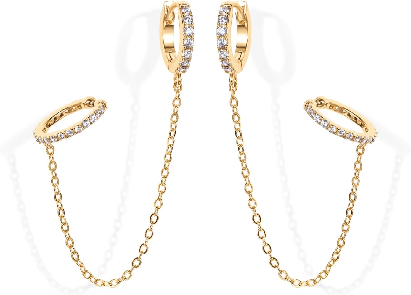 14K Gold Chain Earrings for Women | Double Piercing Dangle Chain Huggie Hoop Earrings | Cubic Zirconia Pearl Stud Ear Cuff Earrings for Women