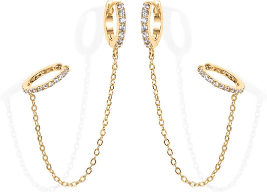 14K Gold Chain Earrings for Women | Double Piercing Dangle Chain Huggie Hoop Earrings | Cubic Zirconia Pearl Stud Ear Cuff Earrings for Women