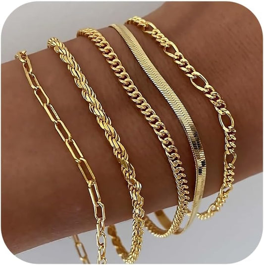 Gold Bracelets for Women Waterproof, 14K Real Gold Jewelry Sets Trendy Thin Dainty Stackable Cuban Link