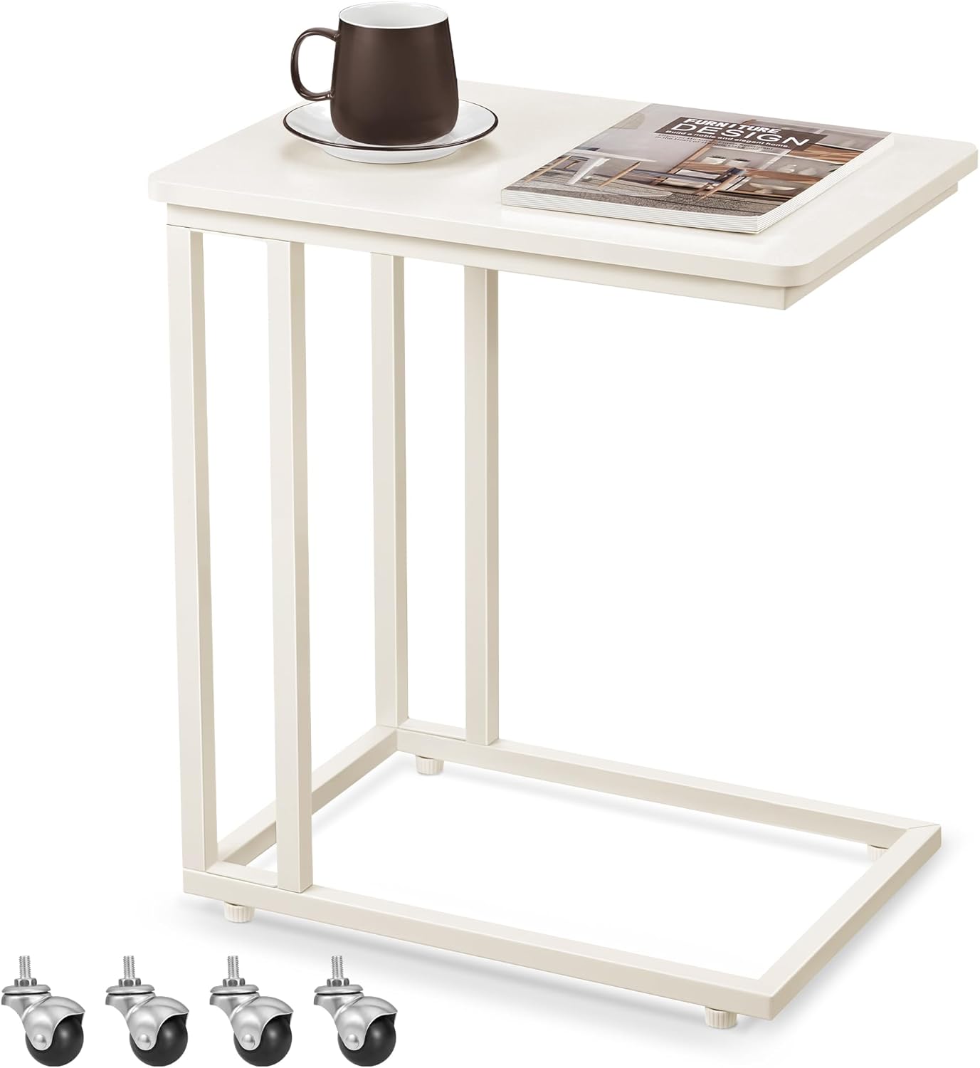 C Shaped TV Tray with Metal Frame Rolling Casters, Industrial Side Table for Living Room Bedroom