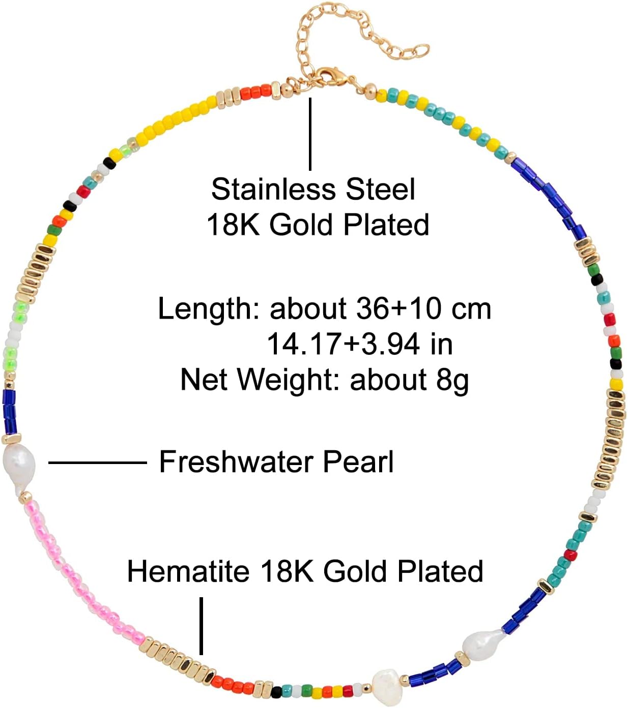Colorful Beaded Necklace - Freshwater Pearl & Evil Eye Pendant, Stainless Steel 18K Gold Plated Y2K Trendy Jewelry for Women & Teen Girls
