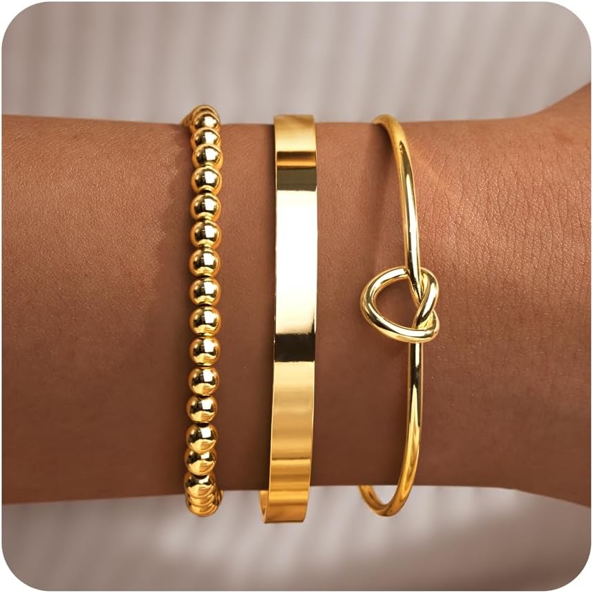 Gold Bracelets for Women Non Tarnish Dainty 14K Real Gold Plated Bangle Cuff Bracelets Stack for Women