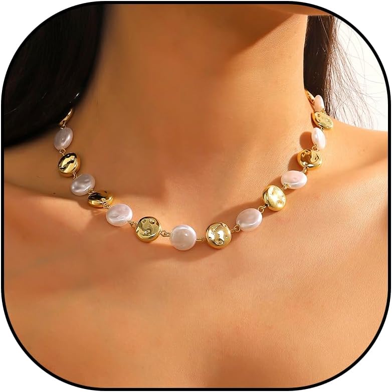 Gold Pearl Choker Necklace, Boho Beach Necklace with Charms, Waterproof Summer Jewelry for Women