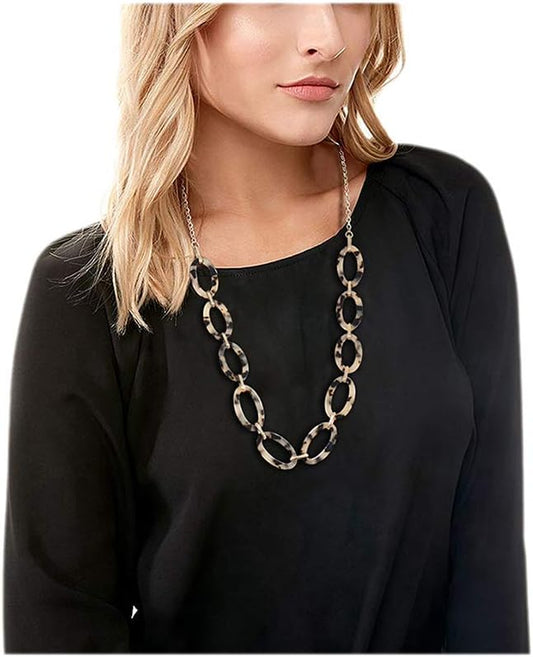 Leopard Print Necklace, Tortoise Acrylic & Metal Link Choker Collar for Women