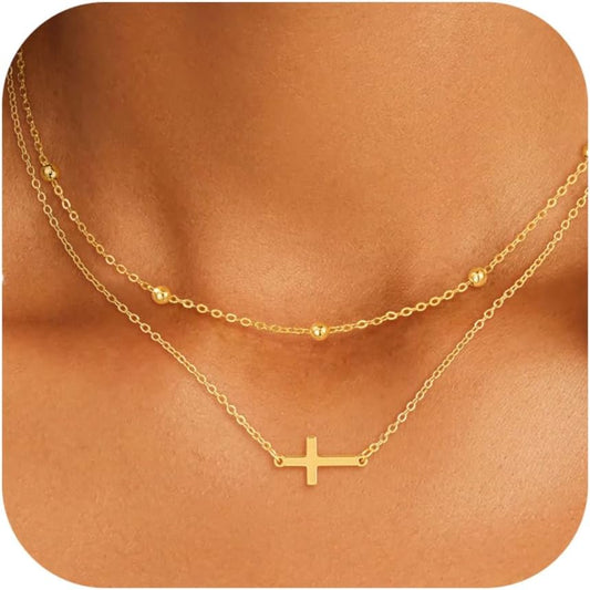 Dainty Layered Cross Necklace: 14K Gold Plated Real Silver Adjustable Choker Gift for Women and Teen Girls