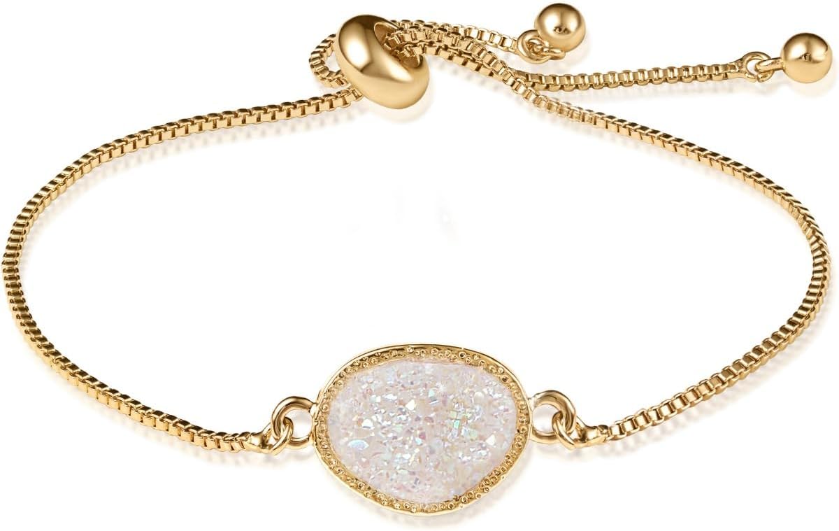 Humble Chic NY Simulated Druzy Chain Bracelet for Women - Boho Stackable Adjustable Bolo Slider Bracelet
