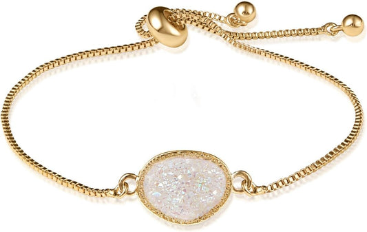 Humble Chic NY Simulated Druzy Chain Bracelet for Women - Boho Stackable Adjustable Bolo Slider Bracelet