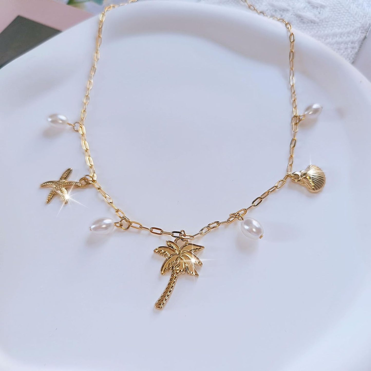 Dainty Gold Beach Charm Necklace With Shell & Starfish Pendant - Non-Tarnish Summer Jewelry Gift For Women