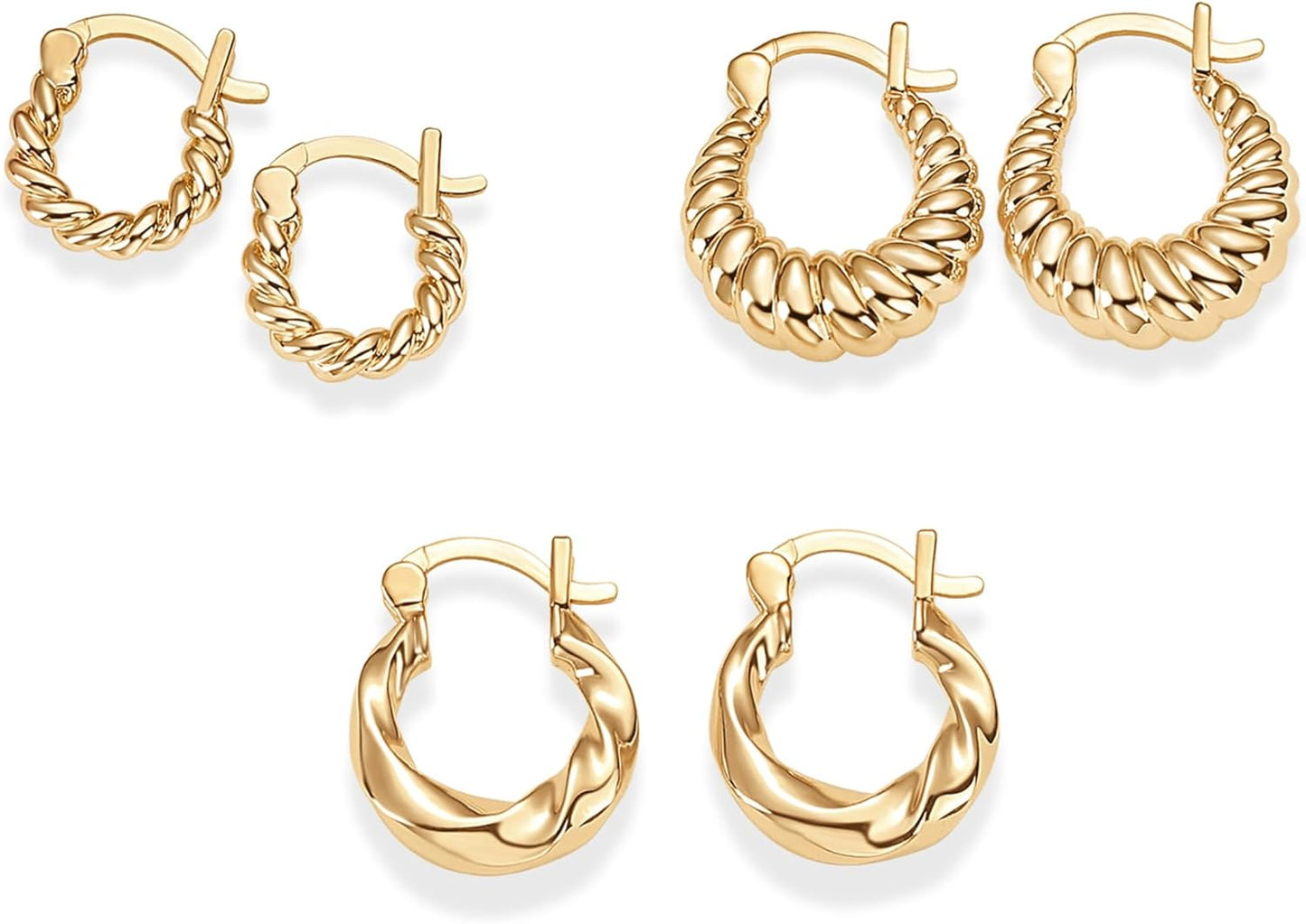 14K-18K Yellow Gold Plated Sterling Silver Posts Three Pairs Small Hoop Earrings for Women - Statement Gold Hoop Earrings Set