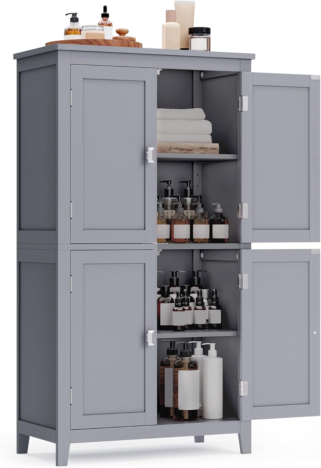 Floor Storage Cabinet, Freestanding Storage Unit with 4 Doors, Adjustable Shelves, for Entryway, Bathroom