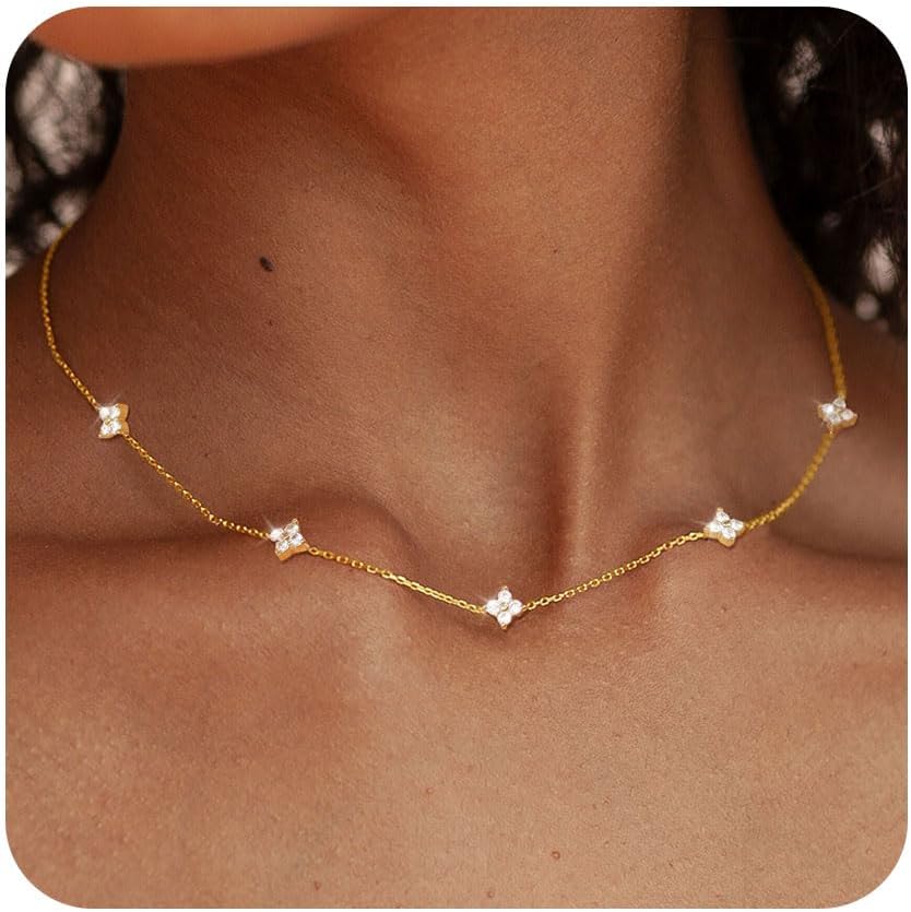 "14K Gold Plated Necklace for Women, Dainty Silver Gold Layered CZ Butterfly Heart Choker, Non-Tarnish Bridal Jewelry for Wedding Prom"