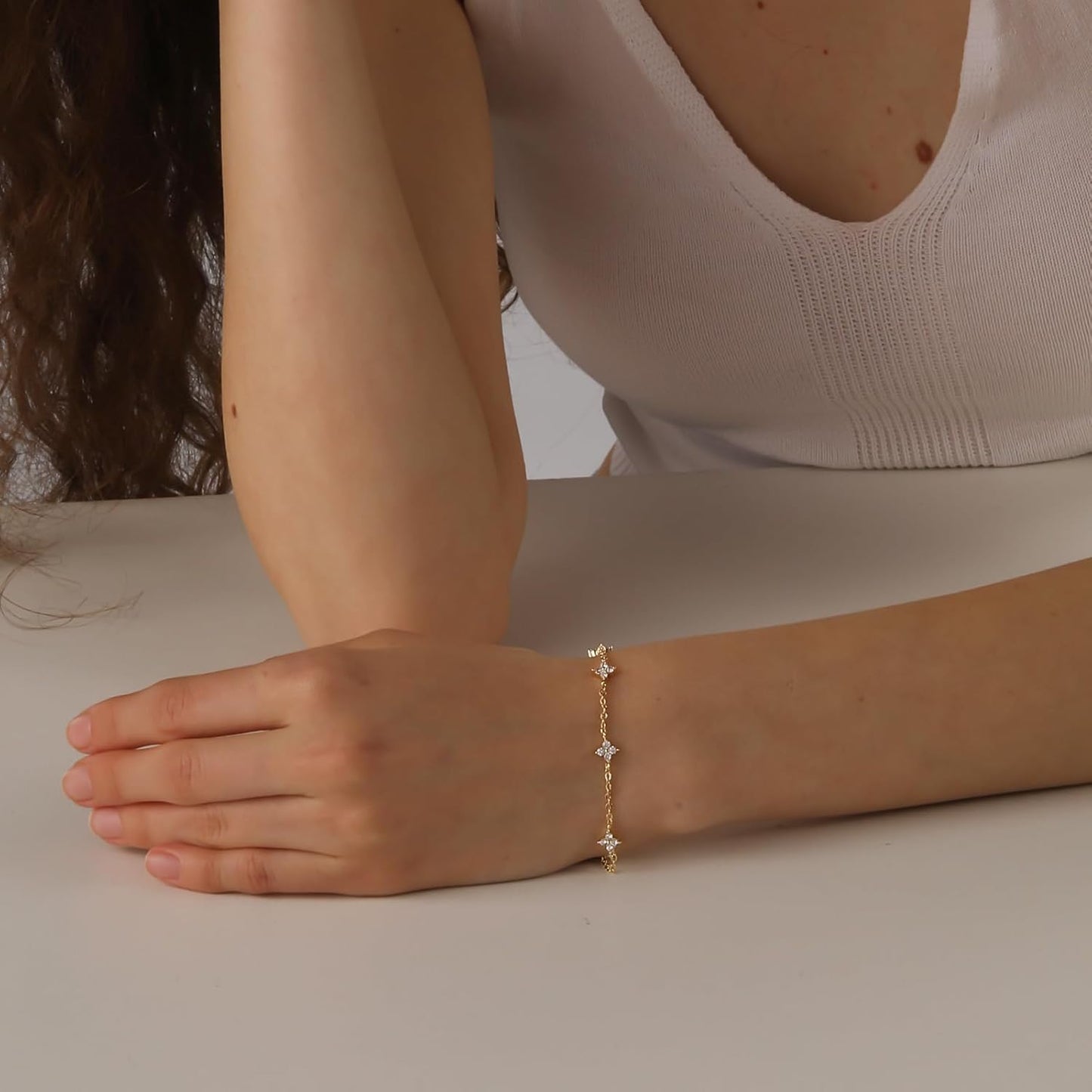 Bracelets for Women 14K Gold Silver Plated Ring Bracelet Hand Chain Dainty Evil Eye Heart Clover Daisy Cubic Zirconia