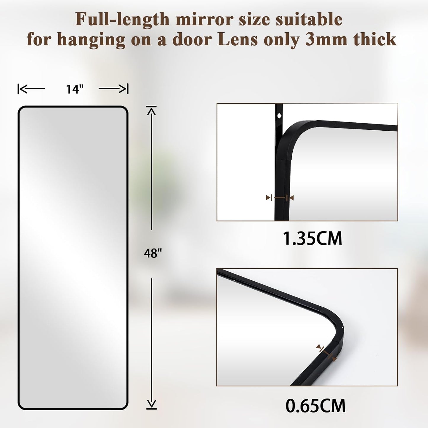 14"x48" Full Length Over The Door Mirror - Aluminum Alloy Frame Full with Height-Adjustable Hangers