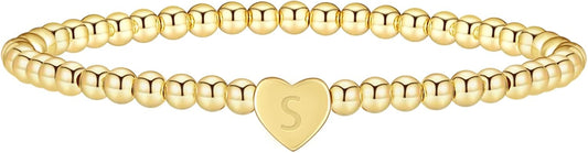 Gold Initial Beaded Bracelets for Women,14K Gold Plated Heart Letter Bracelets Handmade Ball Bead Bracelet