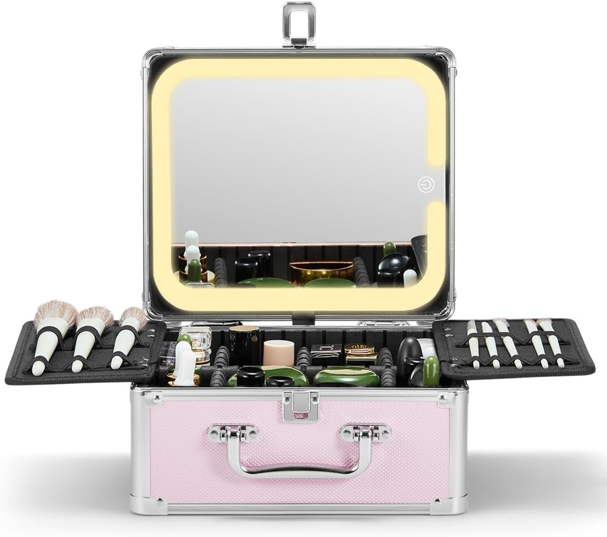 Makeup Box with A Detachable Lighted Mirror, Makeup Suitcase with Adjustable Dividers, Magnetic LED Mirror
