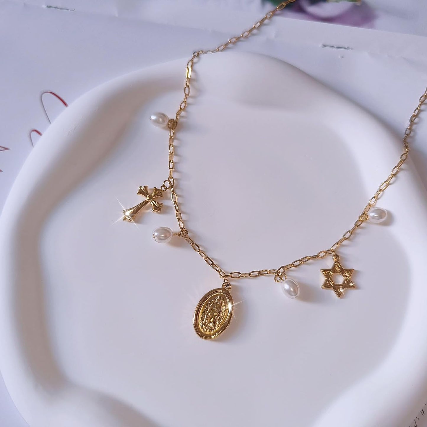 Dainty Gold Paperclip Charm Necklace With Shell, Moon, Star & Hexagram Pendant - Summer Beach Jewelry Gift For Women