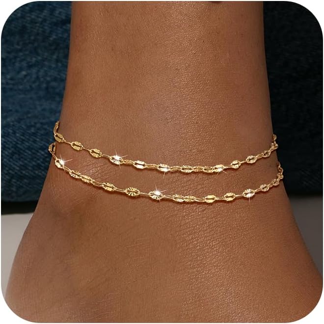 Ankle Bracelets for Women, Glitter Waterproof Adjustable Anklet for Women, 14K Gold Plated/Sterling Silver Layered Anklets, Summer Beach Anklet Jewelry for Women Gift