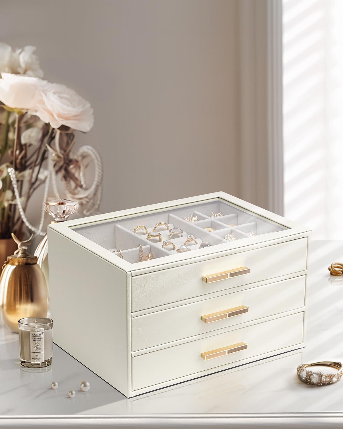 Jewelry Box for Women, Glass Lid Jewelry Organizer with 3 Drawers for Necklaces Rings Earrings Bracelets-Mother Cloud White