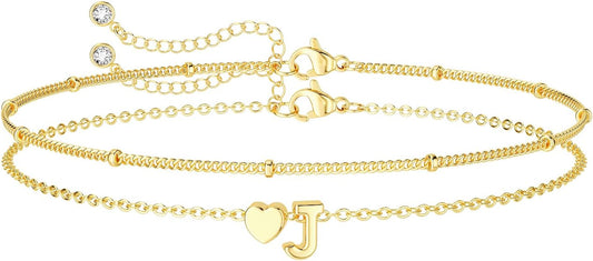 Dainty Initial Heart Gold Bracelets for Women Trendy, 14K Real Gold Letter Charm Bracelet Jewelry