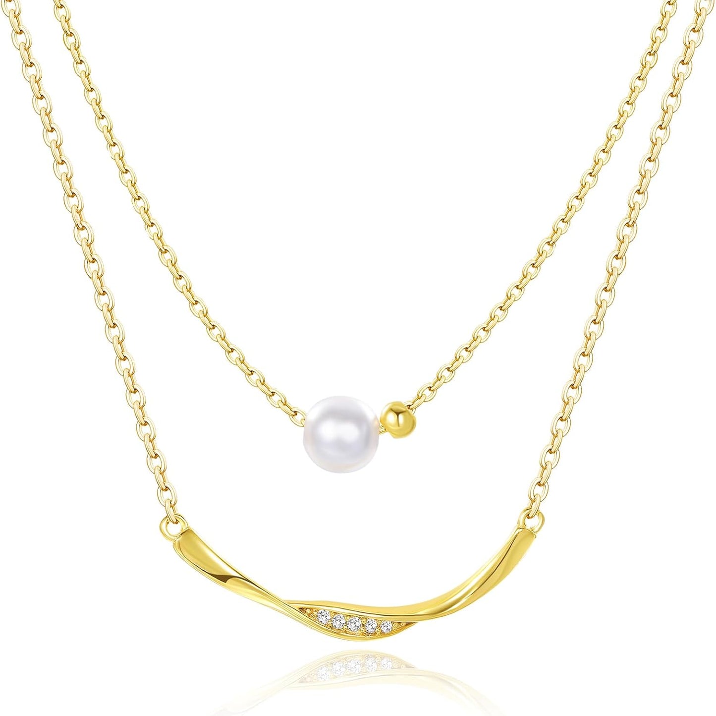 14K Gold & Platinum Plated Double Layer Pendant Necklace, Fashionable Layered Jewelry for Women