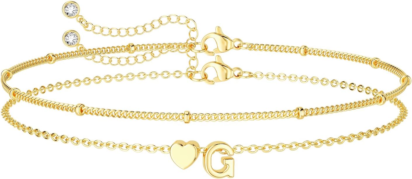 Dainty Initial Heart Gold Bracelets for Women Trendy, 14K Real Gold Letter Charm Bracelet Jewelry