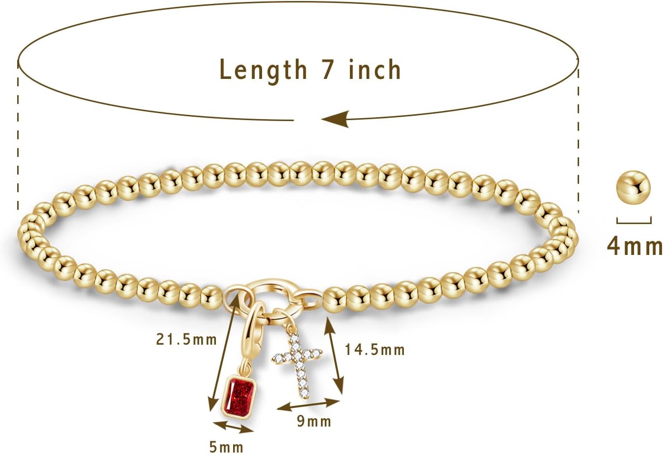 Free bird Cross Birthstone Bracelet | Dainty 14K Gold Plated Cross Charm Bracelet | Stretchable Elastic Gold Beaded Bracelet