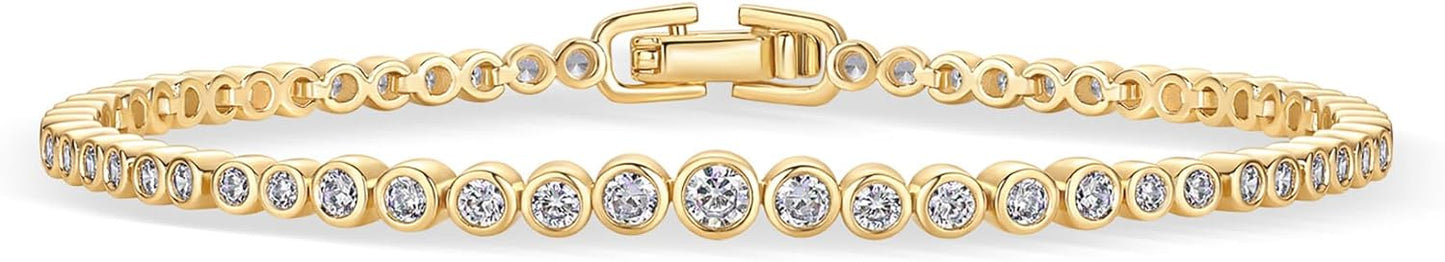 14K-18K Gold Plated Simulated Diamonds Bezel Set Tennis  -  Round Pear Heart Statement Bride Gold Bracelet Stack - Sizes 6.5-7.5 Inch