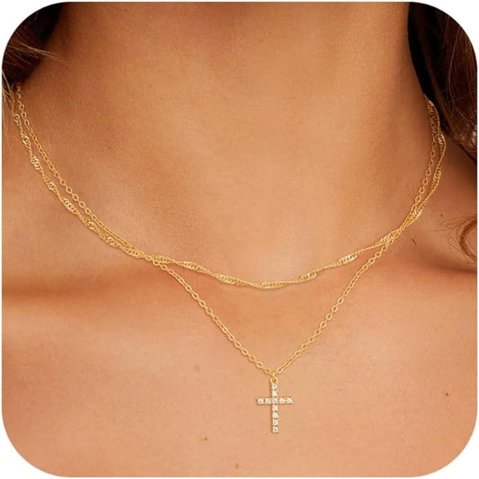 Dainty Layered Cross Necklace: 14K Gold Plated Real Silver Adjustable Choker Gift for Women and Teen Girls