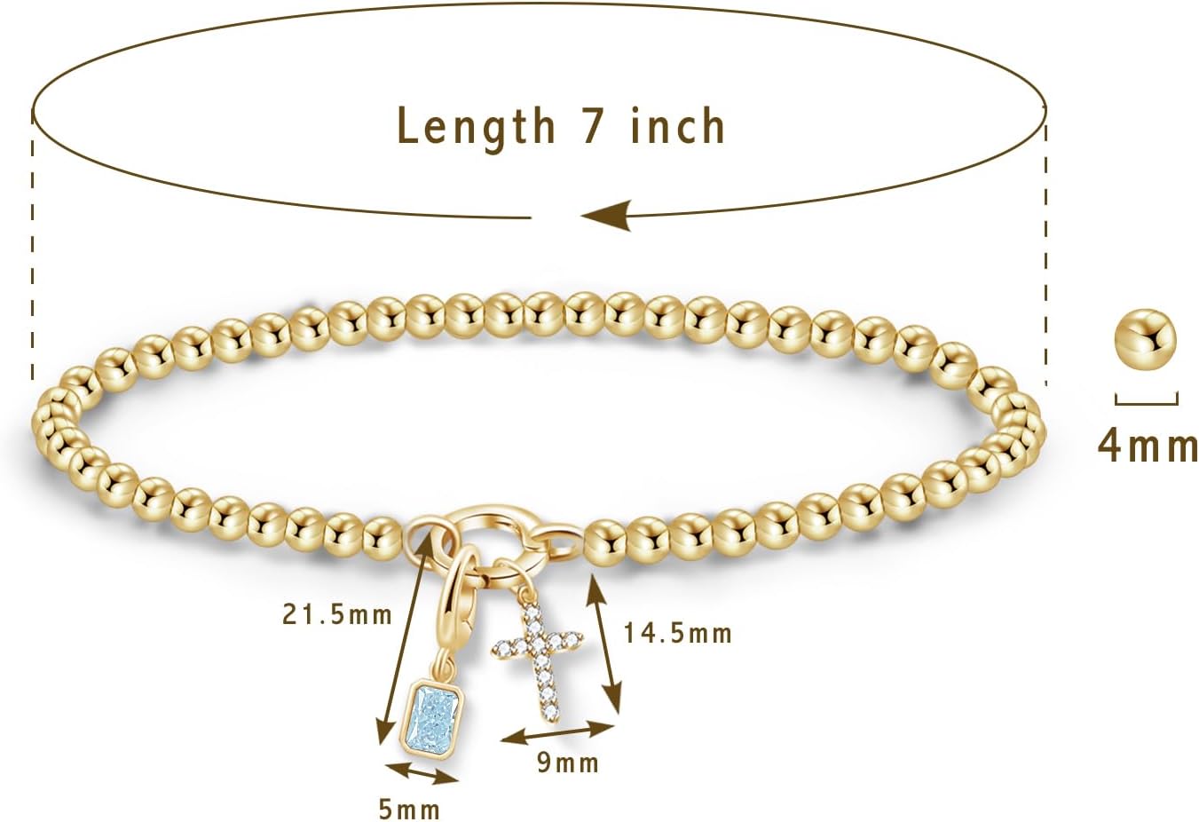 Free bird Cross Birthstone Bracelet | Dainty 14K Gold Plated Cross Charm Bracelet | Stretchable Elastic Gold Beaded Bracelet