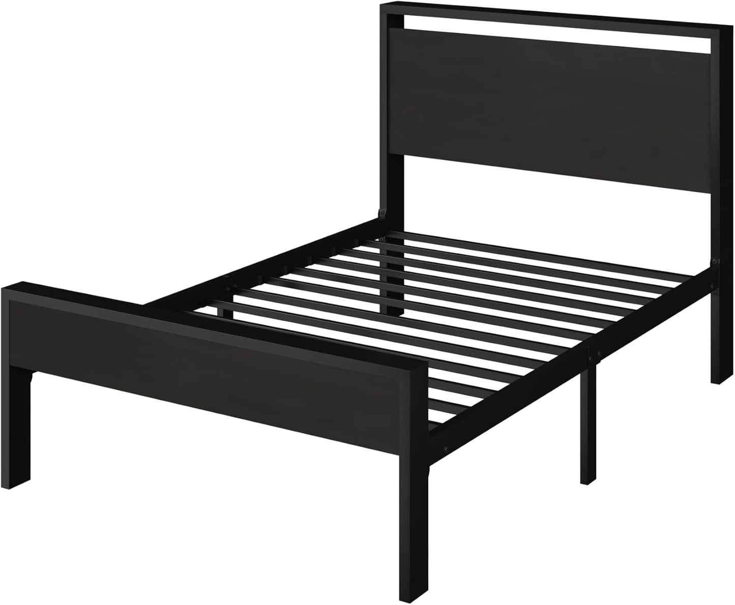 Twin Size Metal Platform Bed Frame with Wooden Headboard and Footboard, Mattress Foundation, No Box Spring Needed