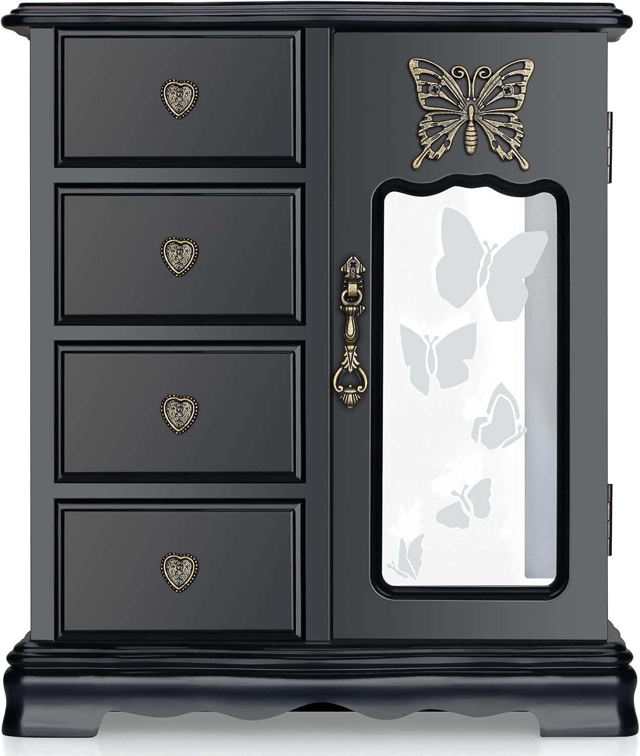 Solid Wooden Jewelry Box Organizer Women Ring Storage with 4-Drawers Built-in Necklace Carousel and Mirror