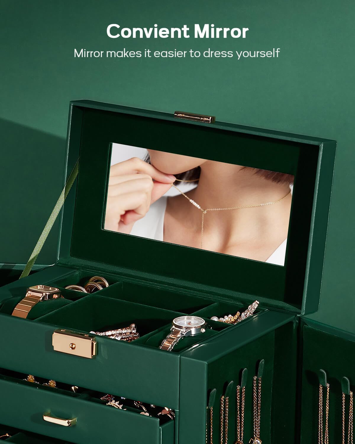 Synthetic Leather Huge Jewelry Box Mirrored Watch Organizer Necklace Ring Earring Storage Lockable